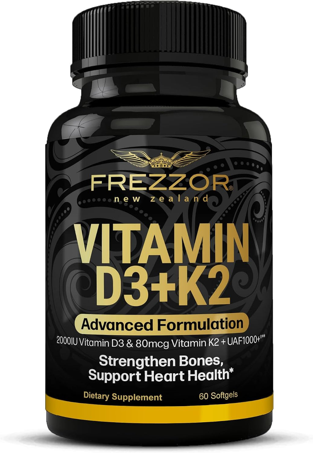 FREZZOR Vitamina D3 y K2 – 2000 UI D3 + 80 mcg K2 (MK-7), 60 Cápsulas Blandas