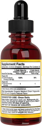 Feel Great USDA Organic Liquid Vitamin D Drops for Infants & Toddlers (2 oz) w/ K2 for Absorption