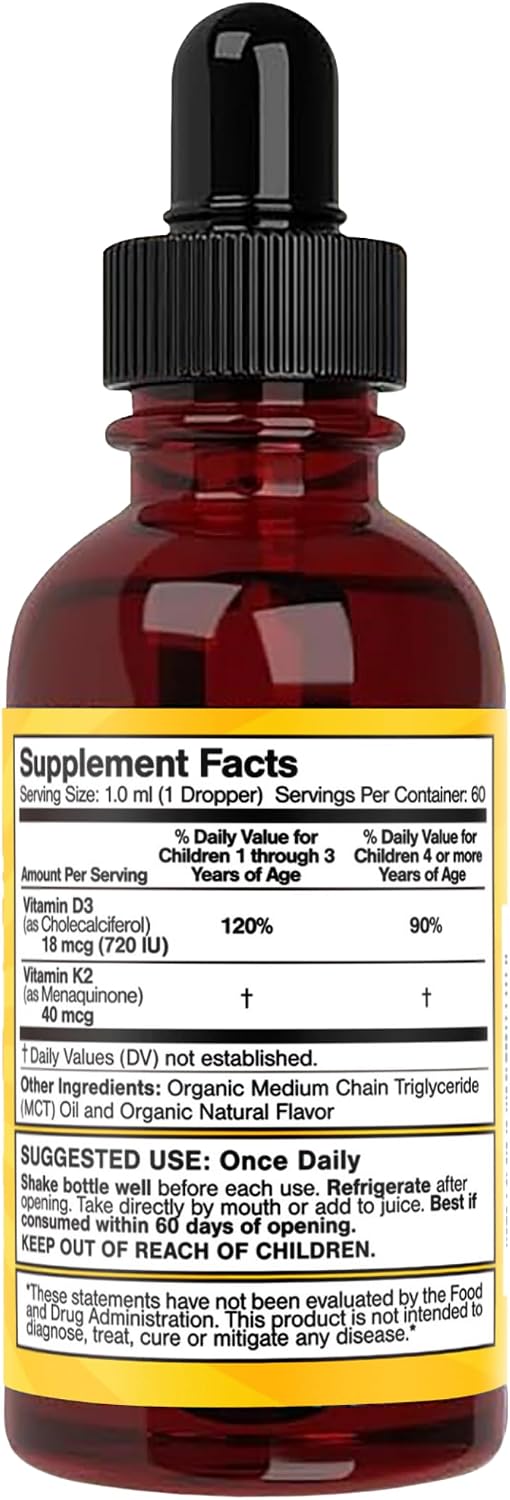 Feel Great USDA Organic Liquid Vitamin D Drops for Infants & Toddlers (2 oz) w/ K2 for Absorption