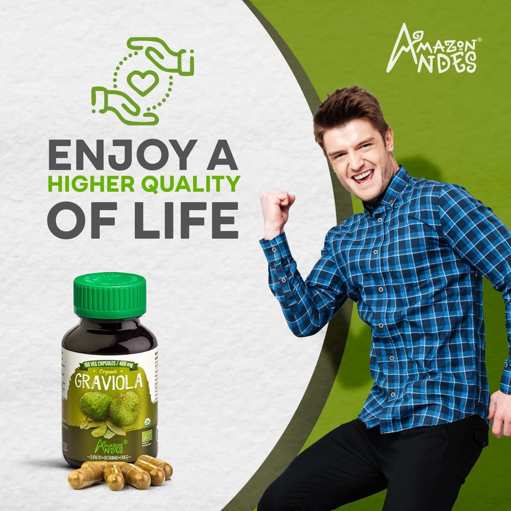 Amazon Andes Graviola Orgánica Cápsulas 400mg - 100 Cápsulas Vegetarianas - Annona Muricata de Perú