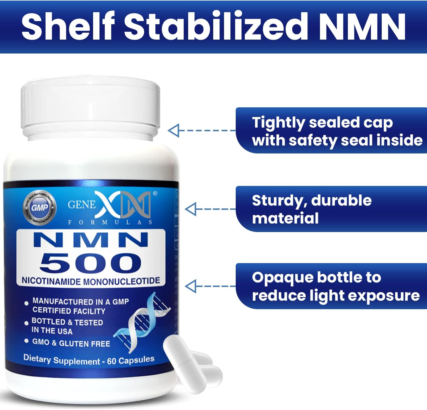 Genex Formulas NMN 500mg – 99% Pureza, 60 Cápsulas, para Niveles de NAD+ y Envejecimiento Saludable