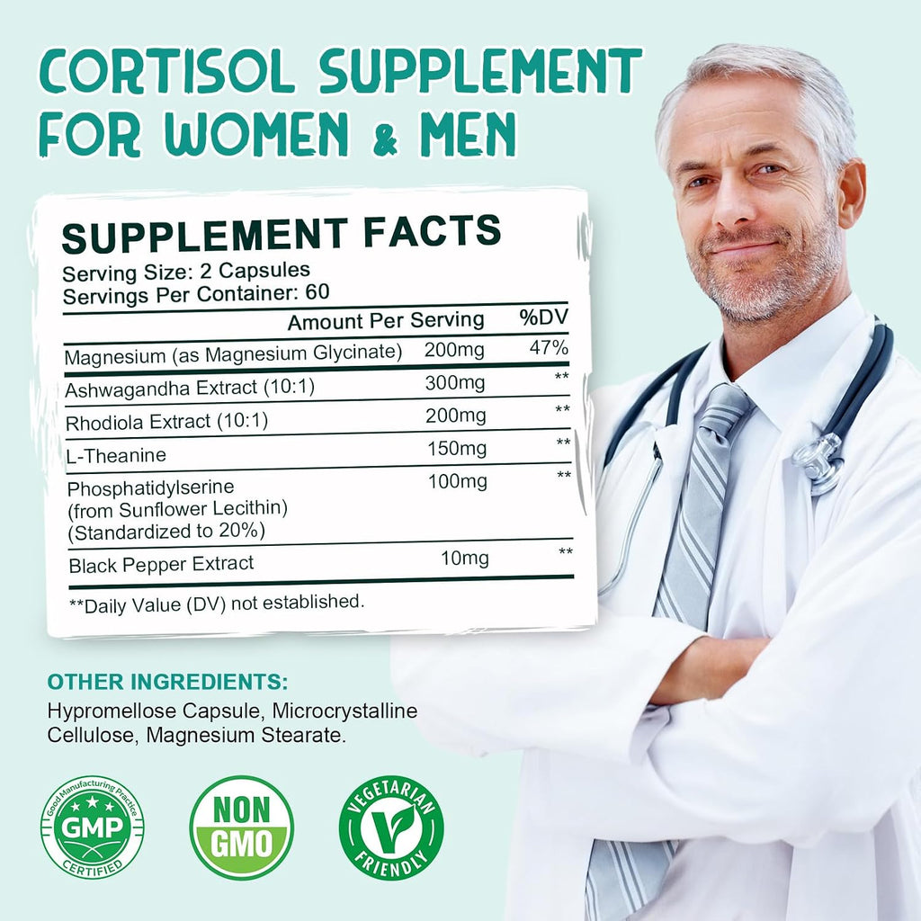 Suplemento de Cortisol para Mujeres y Hombres | 60 Días | Ashwagandha, Rhodiola, Magnesio | Vegano