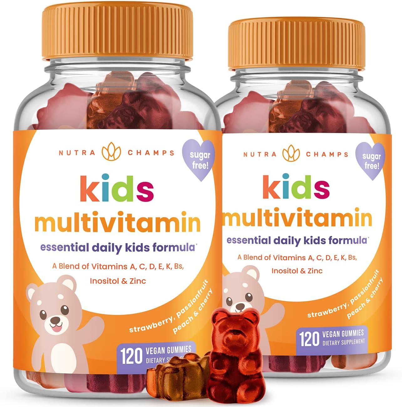 NutraChamps Gominolas Multivitamínicas para Niños | Sin Azúcar | 120 Gominolas | Vegano y Sin OGM | Sabores Fresa, Maracuyá, Melocotón y Cereza