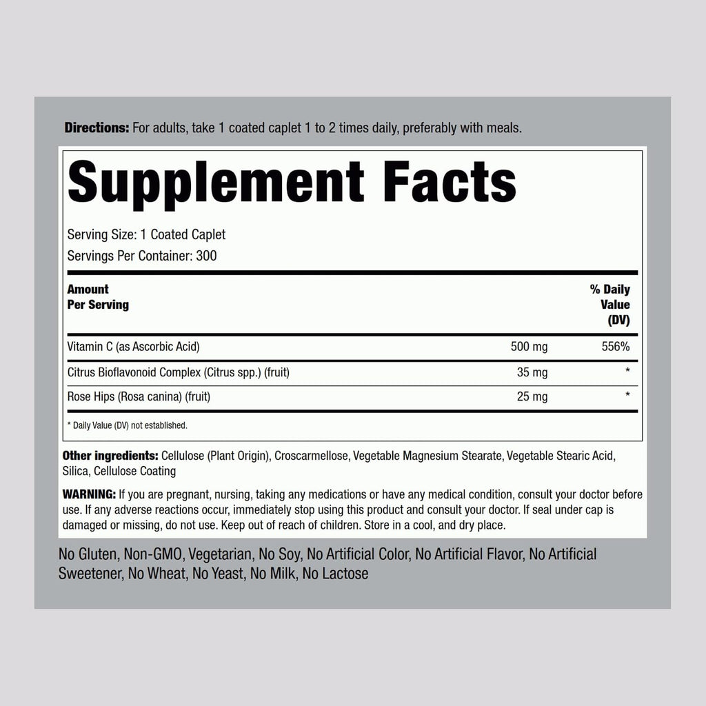 Piping Rock Vitamina C 500 mg con Escaramujo y Bioflavonoides | 300 Comprimidos