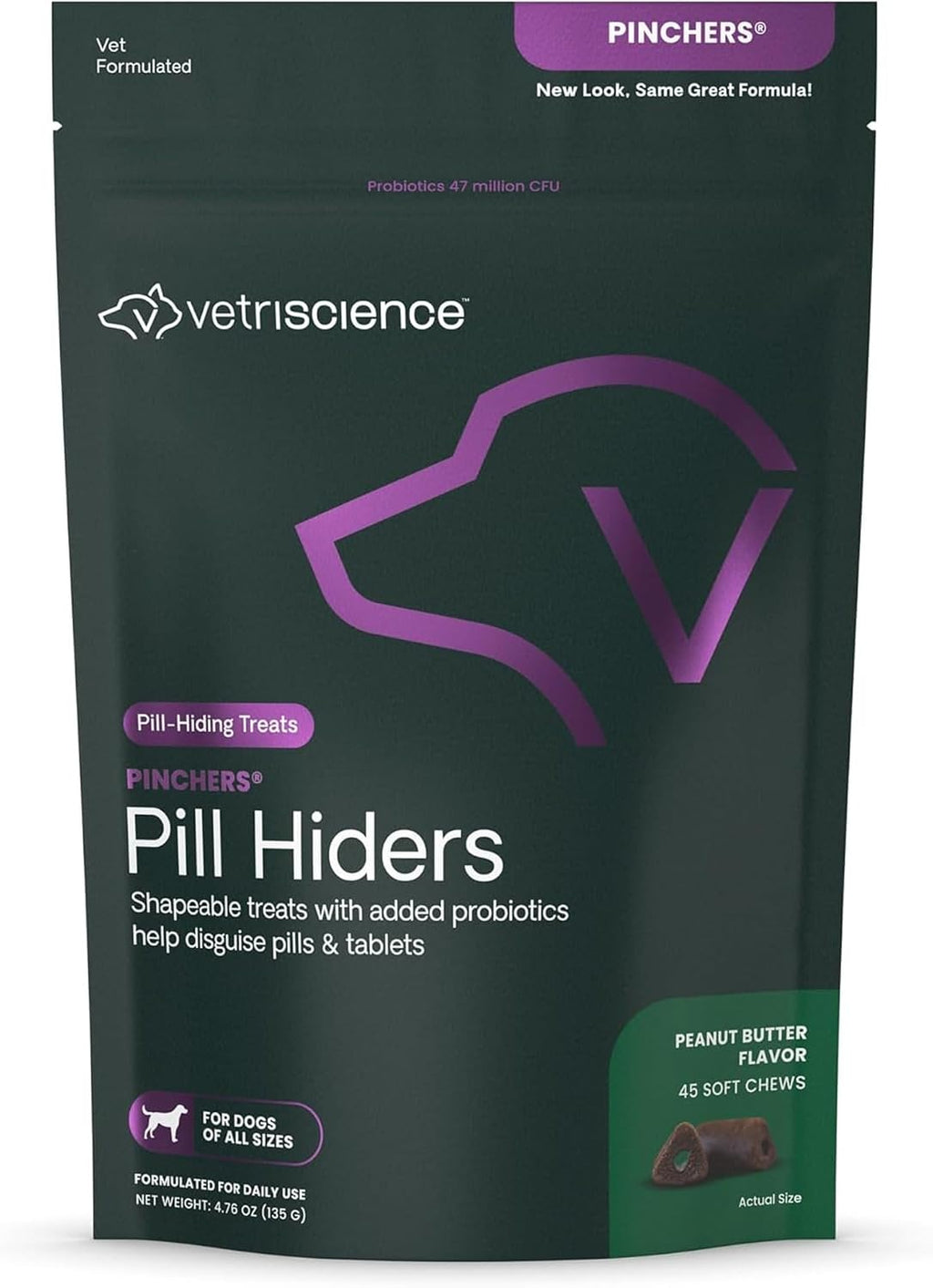 VetriScience Extra Large Pinchers Pill Hiders - Envoltura para pastillas con probióticos para perros, sabor a mantequilla de cacahuete, 45 unidades