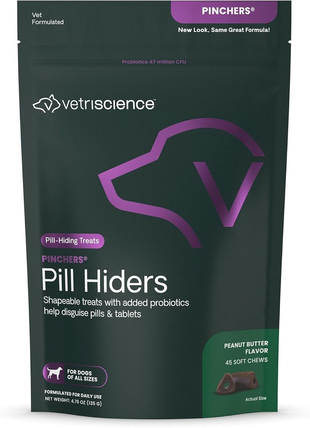 VetriScience Extra Large Pinchers Pill Hiders - Envoltura para pastillas con probióticos para perros, sabor a mantequilla de cacahuete, 45 unidades