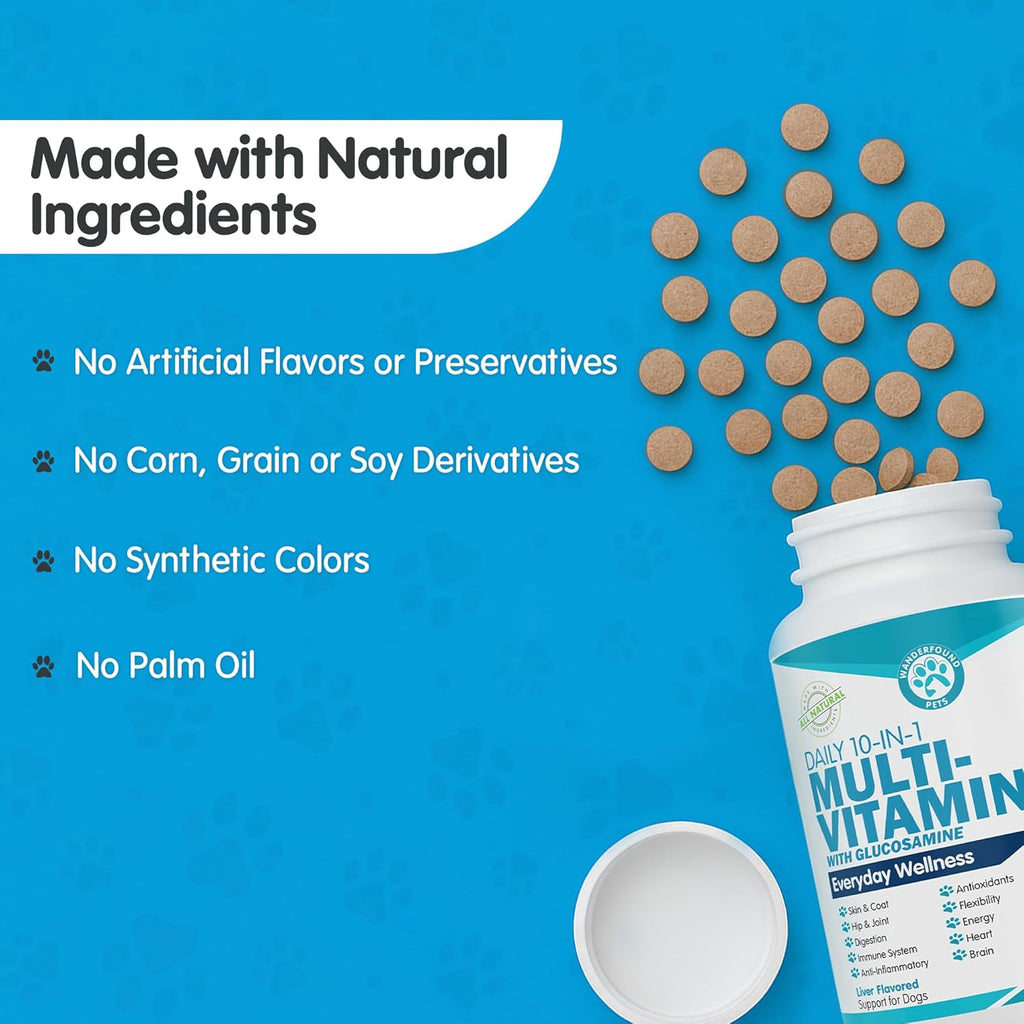 Wanderfound Pets 10-en-1 Multivitamínico para Perros con Glucosamina, D3 y MSM, Sabor Hígado, 60 Comprimidos
