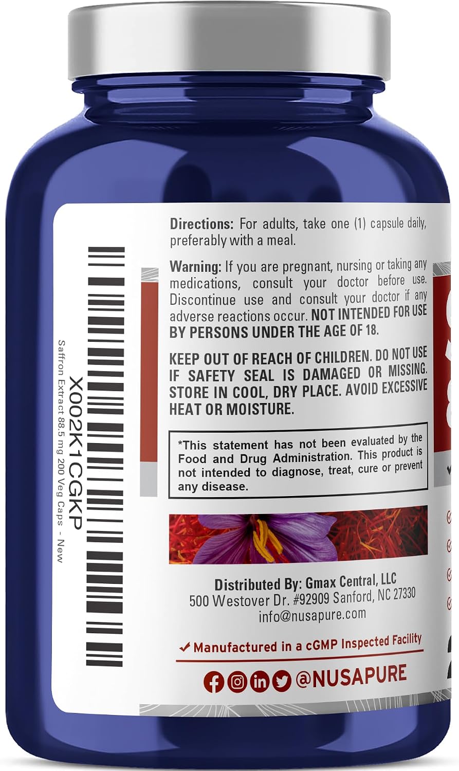 NusaPure Extracto de Azafrán 88.5 mg 200 Cápsulas Vegetales (Vegano, Sin OGM)