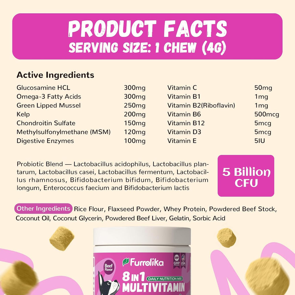 Furrolika Multivitamínico Masticable para Perros - 60 unidades - Apoyo para Articulaciones, Digestión y Piel