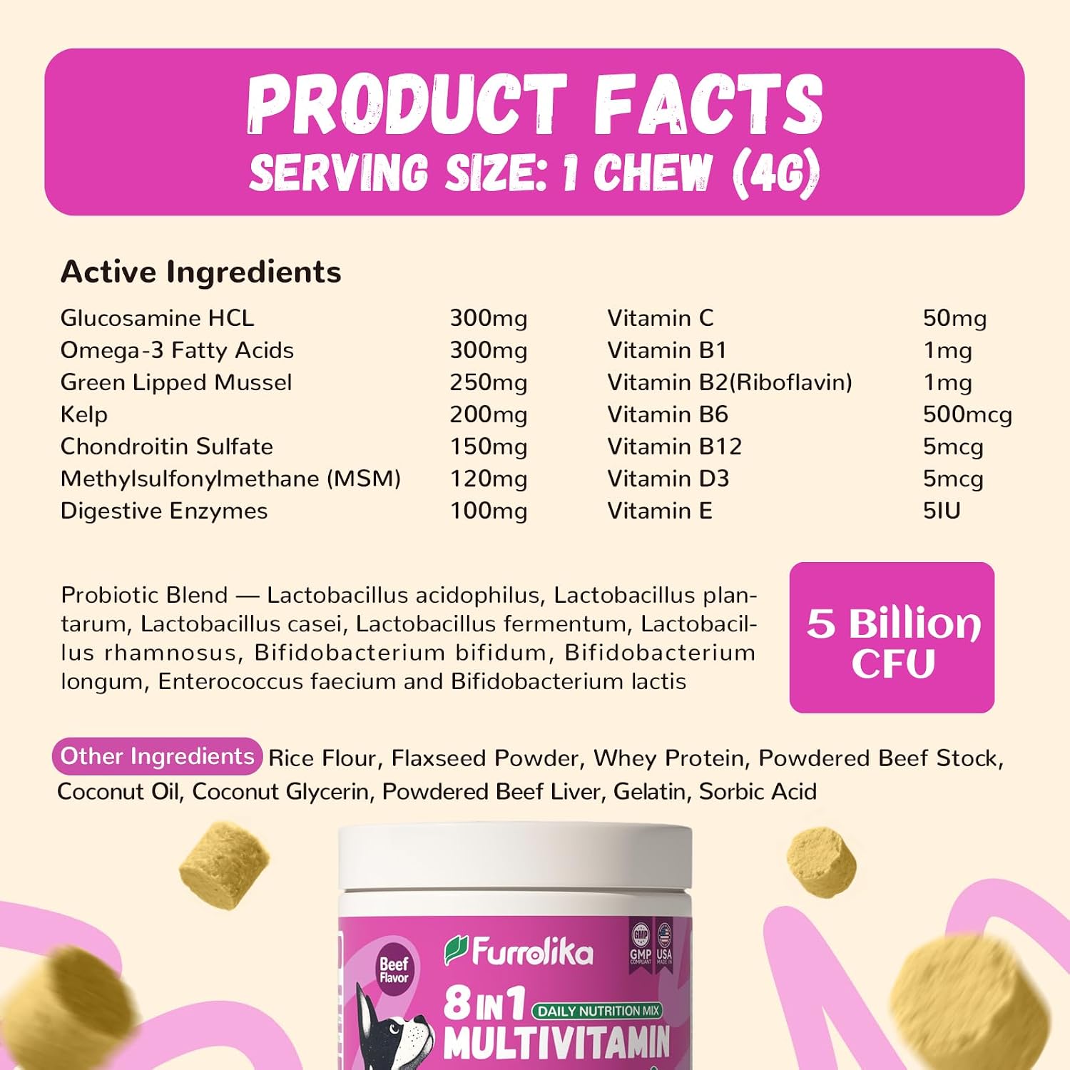 Furrolika Multivitamínico Masticable para Perros - 60 unidades - Apoyo para Articulaciones, Digestión y Piel