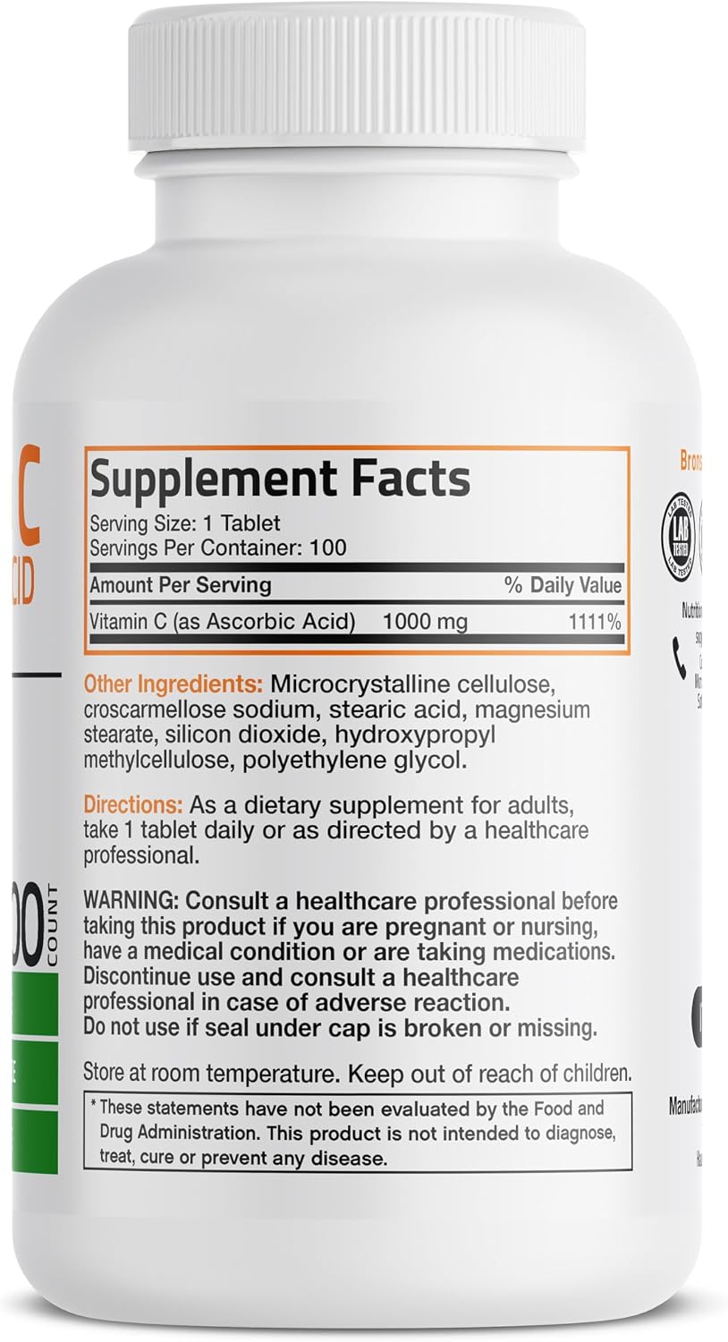 Bronson Vitamina C 1000 mg - Ácido Ascórbico Premium Sin OGM, 100 Comprimidos