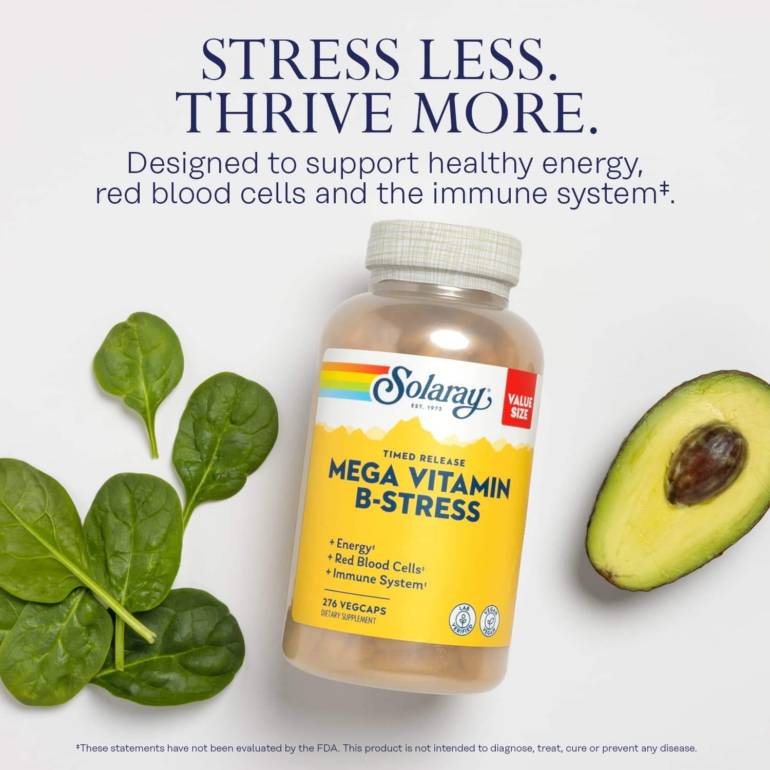 SOLARAY Mega Vitamin B-Stress - Complejo B de Liberación Prolongada con Vitamina B12, B6, Ácido Fólico, Vitamina C - Apoyo para el Estrés, Energía, Glóbulos Rojos, Sistema Inmunológico - Vegano, 276 Comprimidos