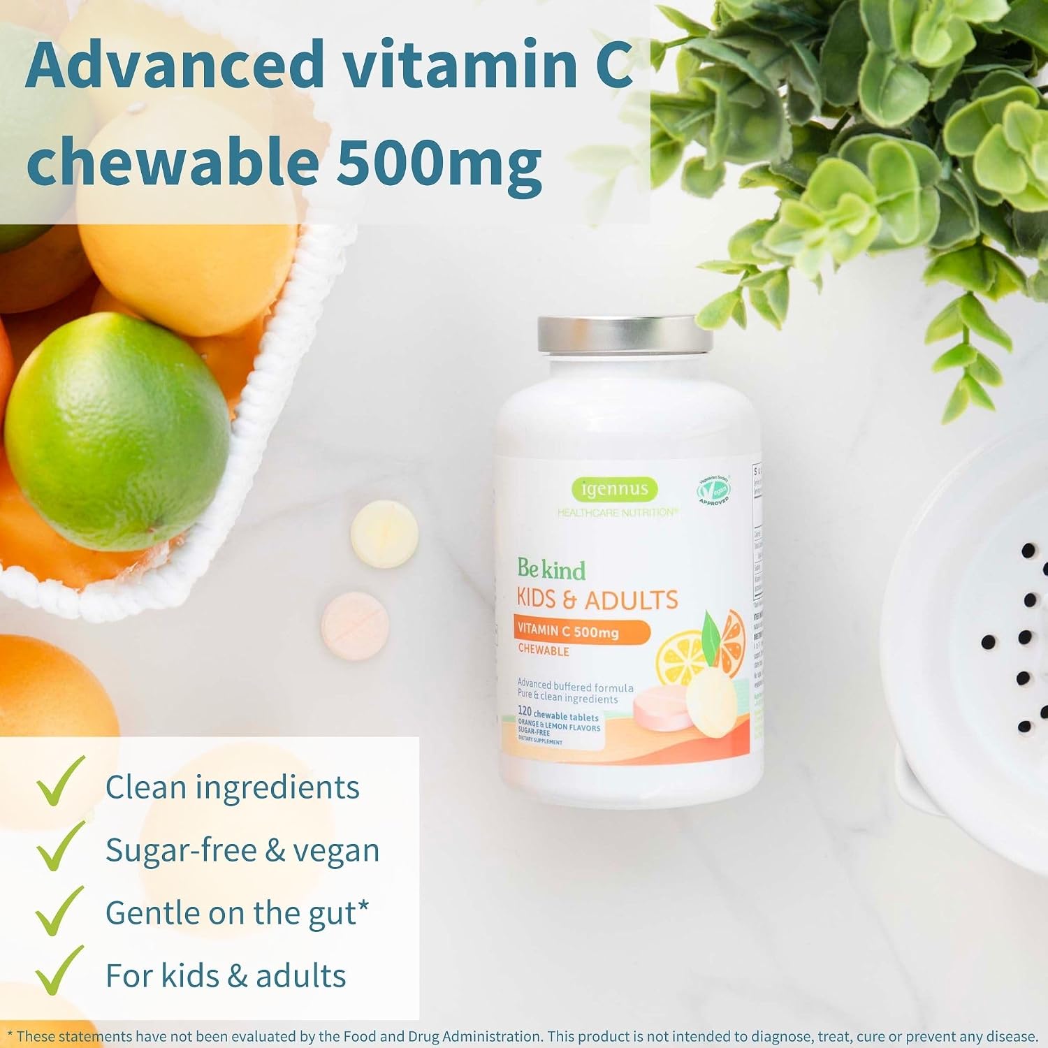 Igennus Vitamin C Chewable 500mg - Tamponada y Suave para Niños y Adultos - 120 Comprimidos