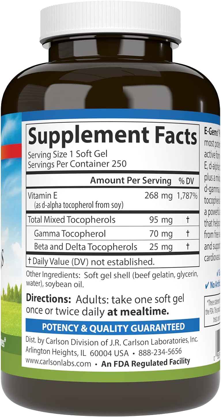 Carlson E-Gems Plus - Vitamina E Natural 400 UI, 250 cápsulas blandas