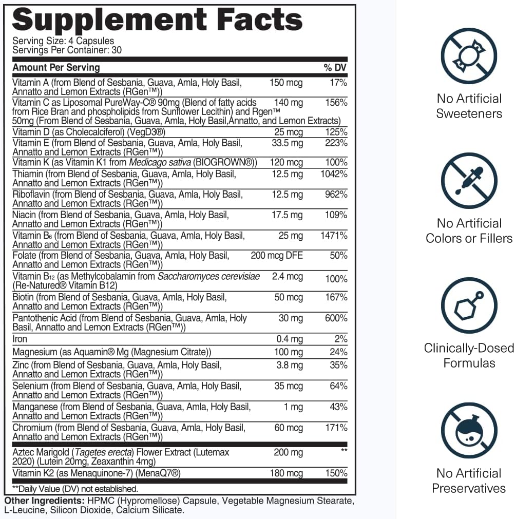 Transparent Labs Multivitamínico Diario para Mujeres – A Base de Alimentos Integrales, Vegano, Orgánico, con Vitaminas, Luteína, Biotina, Folato y Magnesio – 120 Cápsulas