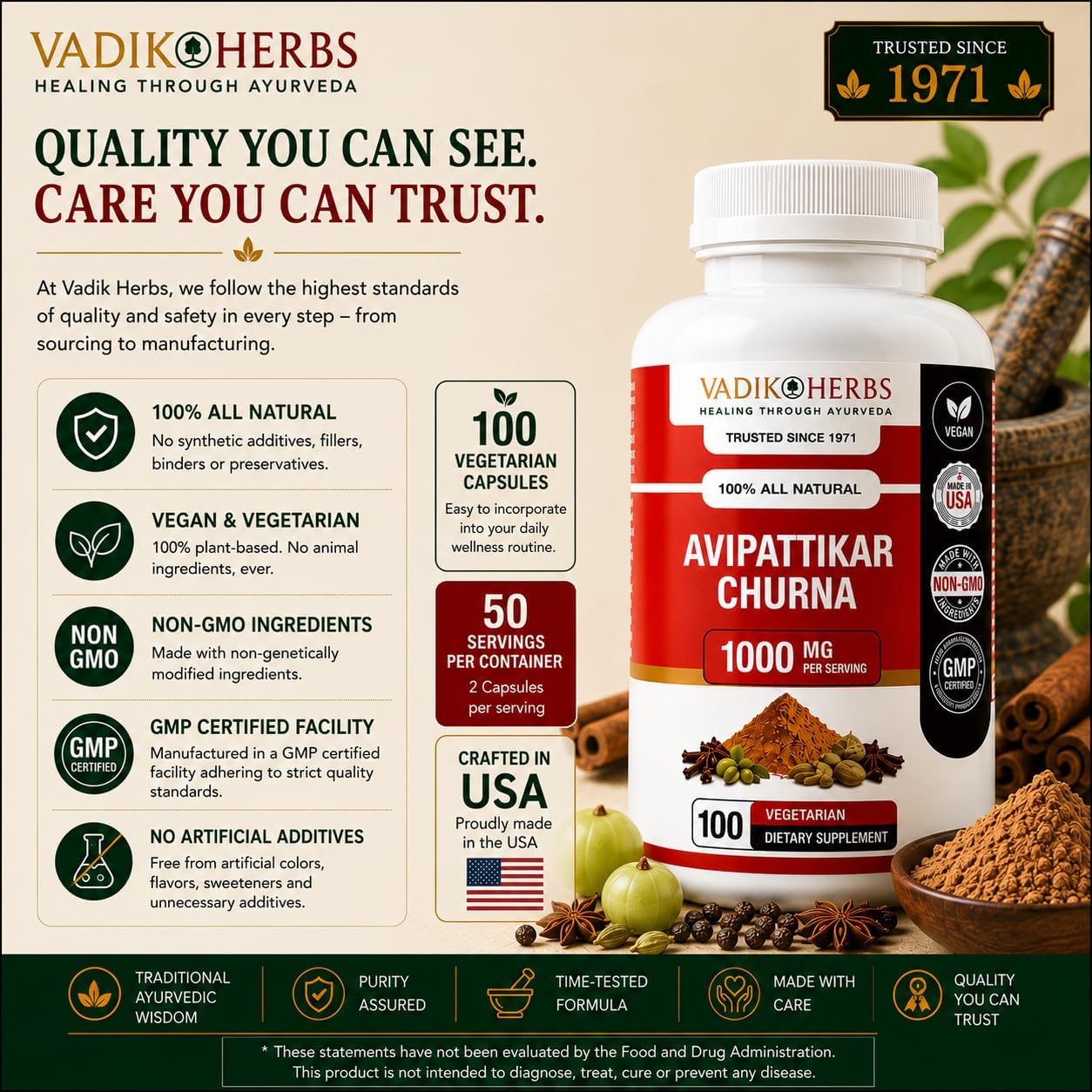 Vadik Herbs Avipattikar Churna, Amla Capsules con Pippali & Ginger - 100 Cápsulas