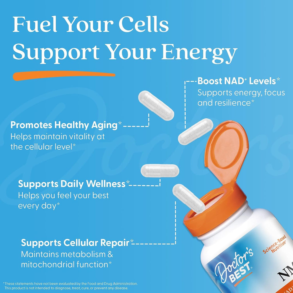 Doctor's Best NMN 200 mg - Suplemento de Nicotinamida Mononucleótido Beta - Apoyo a la Producción de NAD+ y Energía Celular - 60 Cápsulas Veganas