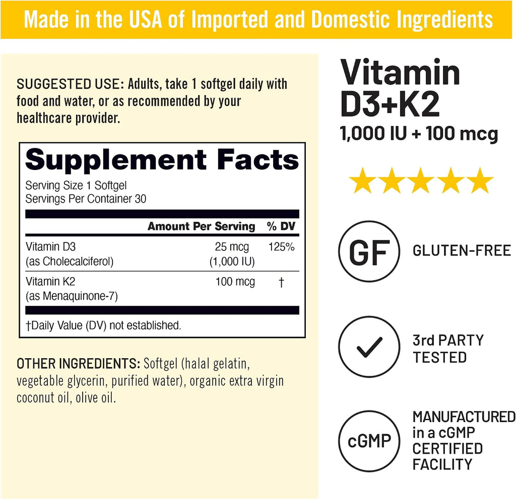 NatureWise Vitamina D3 1000 UI + K2 (MK7) 100 mcg - 30 Cápsulas Blandas con Aceite de Coco Orgánico