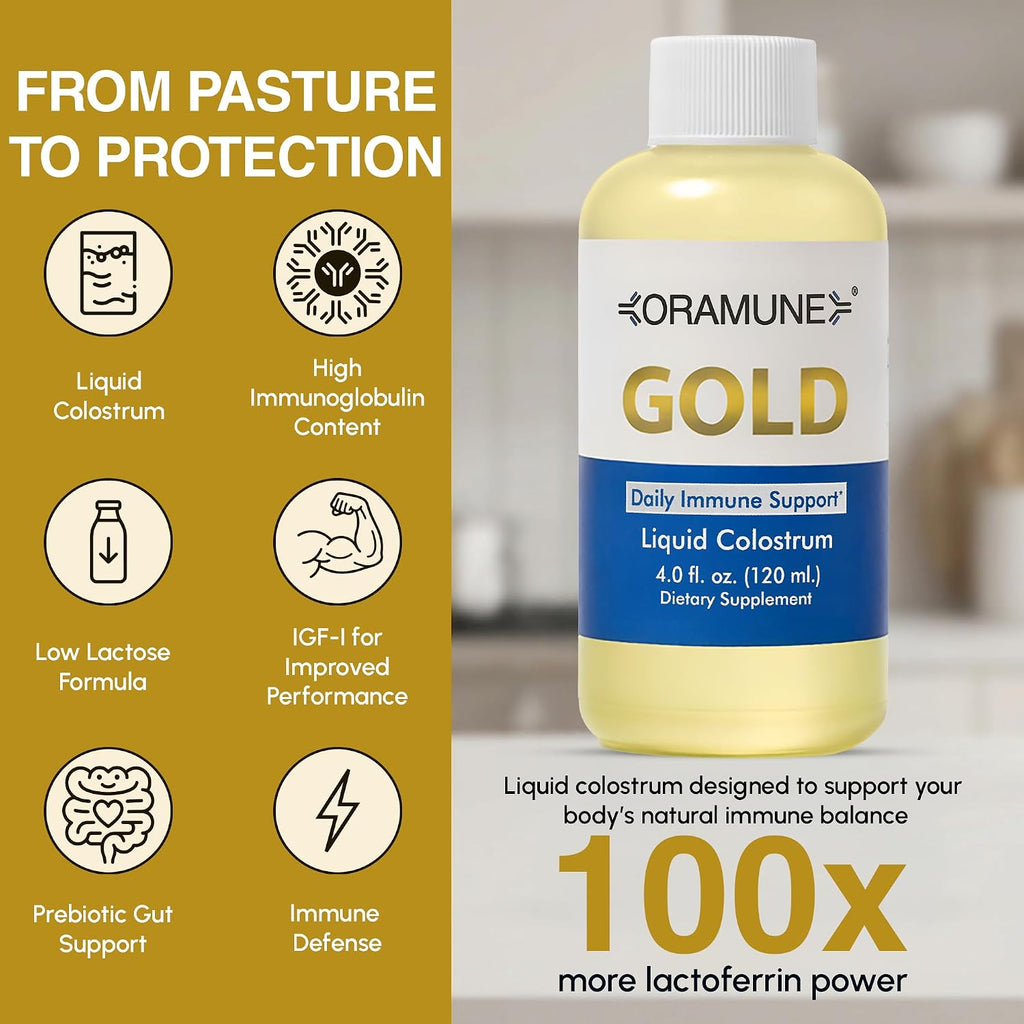 Oramune Gold Soporte Inmunológico – Calostro bovino líquido con factores de transferencia y lactoferrina (118 ml)