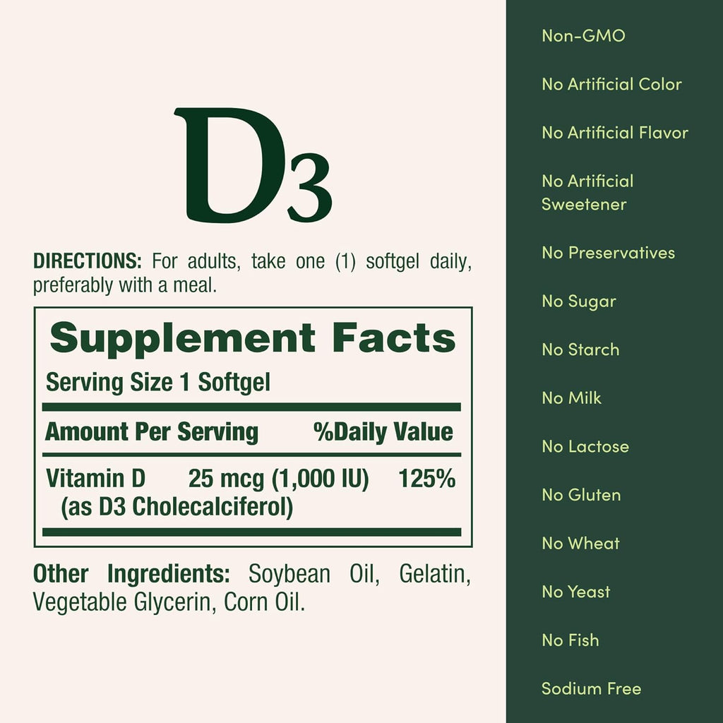 Nature's Bounty Vitamina D3 1000 IU, 250 Cápsulas Blandas de Liberación Rápida