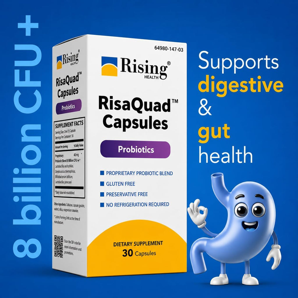 Rising Health RisaQuad™ Probiotic Capsules – 40 mg (8 Billion CFU+) Proprietary Blend for Digestive & Gut Health | Shelf Stable - 30 Capsules
