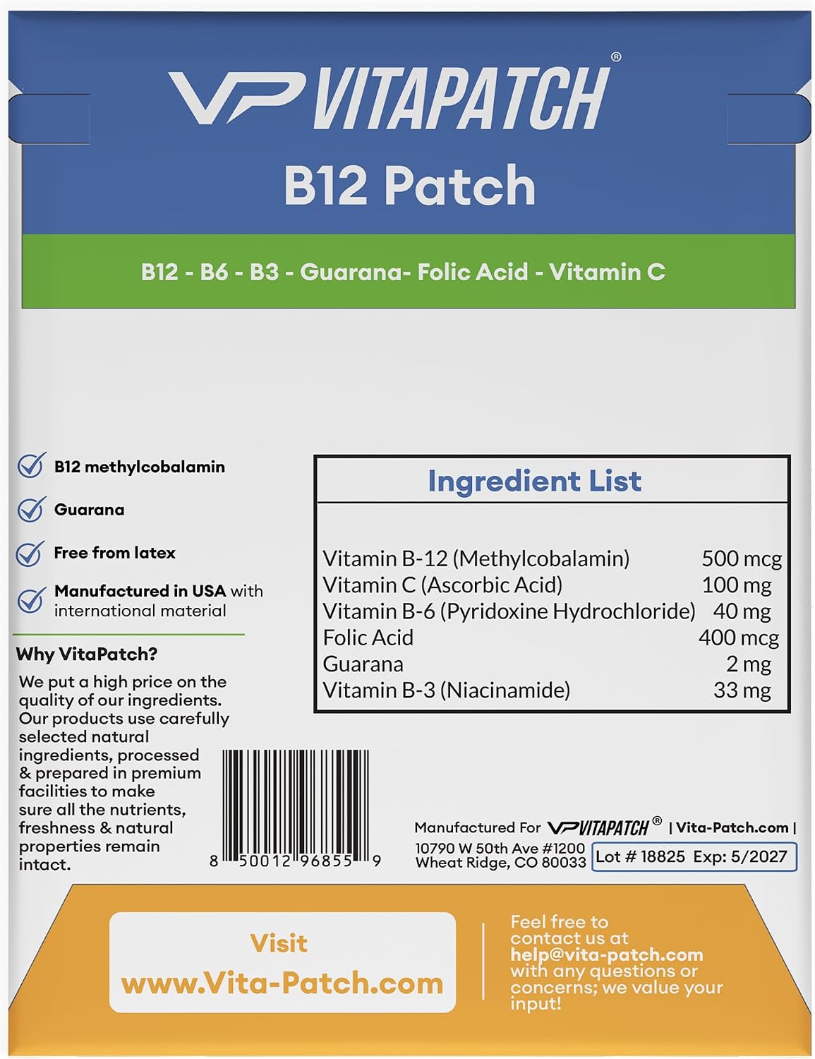 VitaPatch B12 Parche para Energía Plus – 75 Parches – B12 con Metilcobalamina y Guaraná