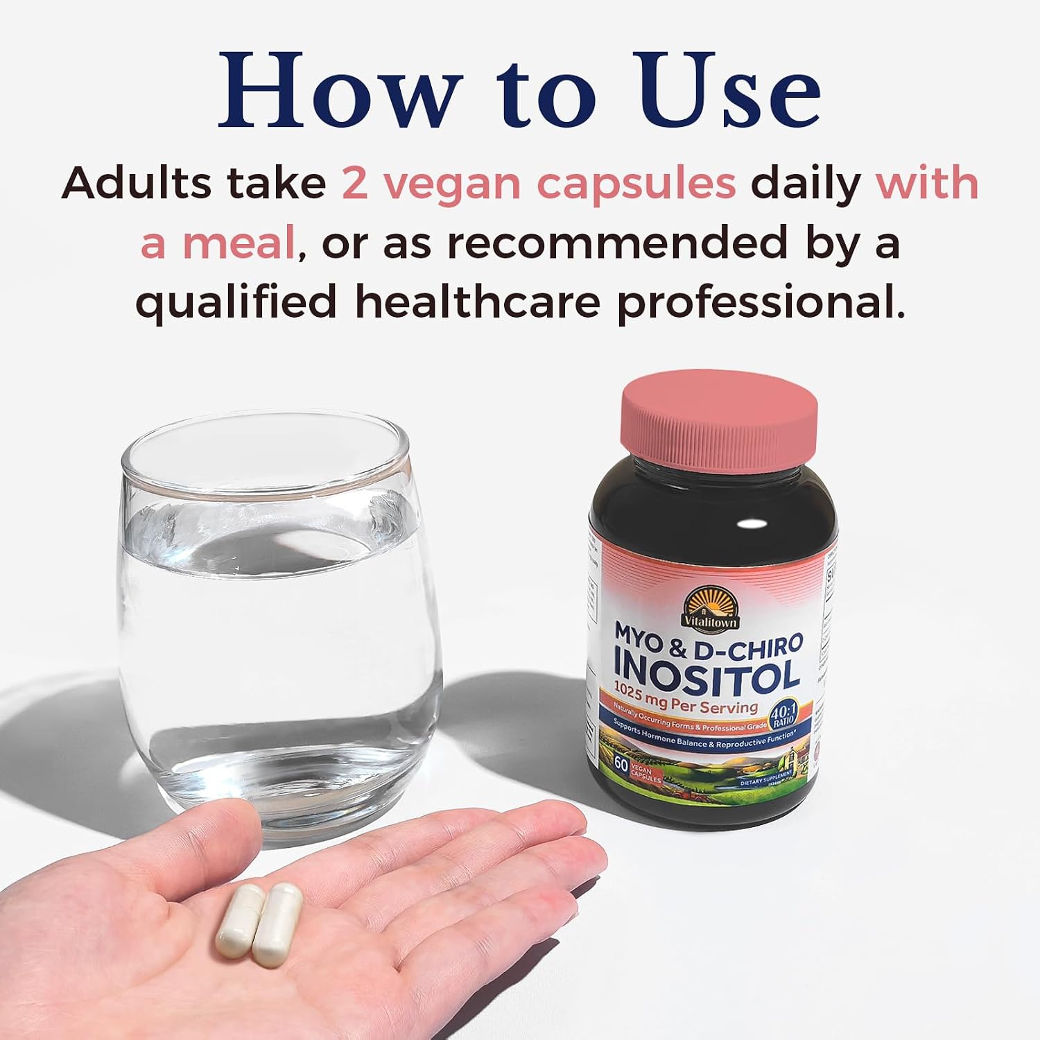 Vitalitown Inositol para Mujeres, Myo-Inositol y D-Chiro Inositol, Ratio 40:1, Apoyo Hormonal y Ovárico, Vitamina B8, Vegano, 60 Cápsulas, Sin Gluten