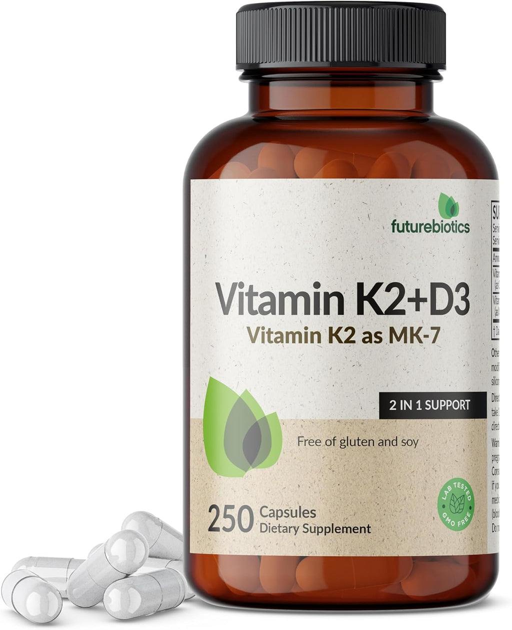 Futurebiotics Vitamina D3 + K2 (MK-7) - 5000 UI D3, 90 mcg K2 - 250 Cápsulas Vegetarianas