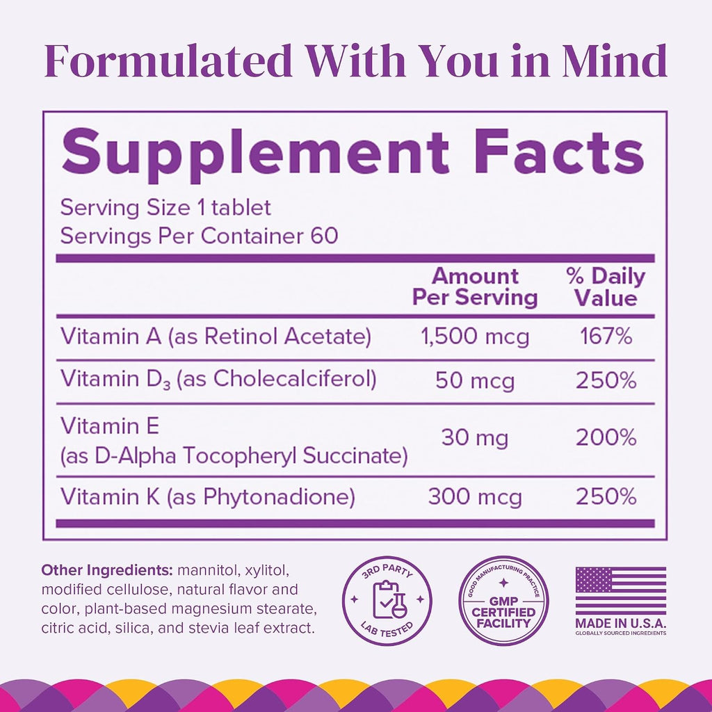 Barimelts ADEK - 60 comprimidos de disolución rápida (2 meses) - Vitaminas bariátricas para mujeres con vitamina A, D, E y K, sabor natural a fresa