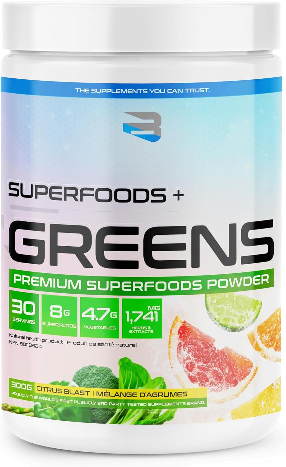 Believe Supplements Superfoods+Greens - Mezcla de Superalimentos con Sabor Citrus Blast (30 porciones)