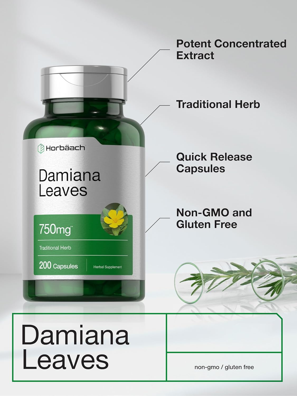Horbäach Extracto de Hoja de Damiana | 200 Cápsulas | Suplemento Herbal