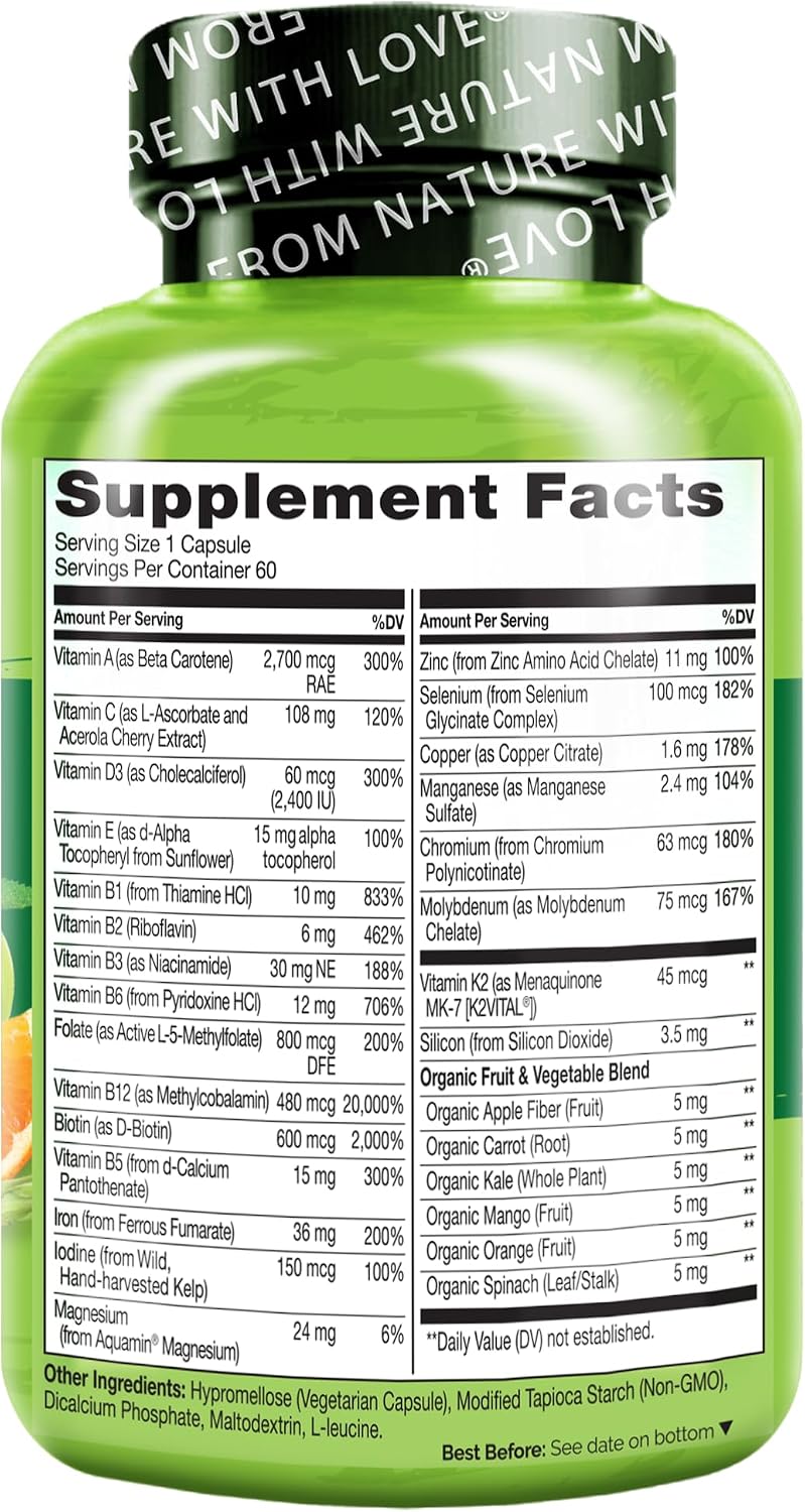 NATURELO Bariatric Multivitamin - One Daily with Iron - Suplemento para Cirugía Bariátrica - Nutrición Natural - 60 Cápsulas Veganas