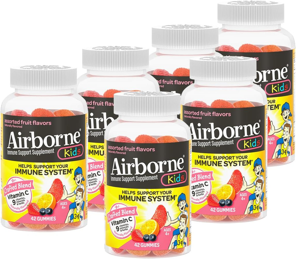 Airborne Gominolas de Vitamina C + Zinc para Niños, 500mg, Sabor Fruta Variada, 42 Gominolas (Pack de 6)