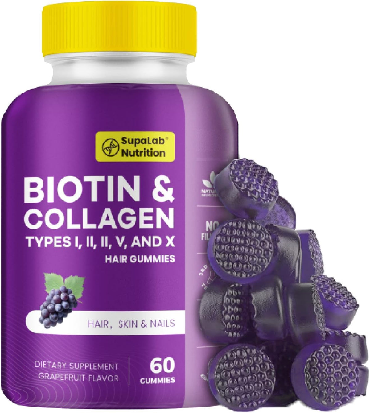 MEGNETA Biotin with Collagen Gummies - Gominolas de Biotina con Colágeno para Piel, Cabello, Uñas, Articulaciones y Huesos, Sabor Pomelo, 180 Gominolas - görsel 5