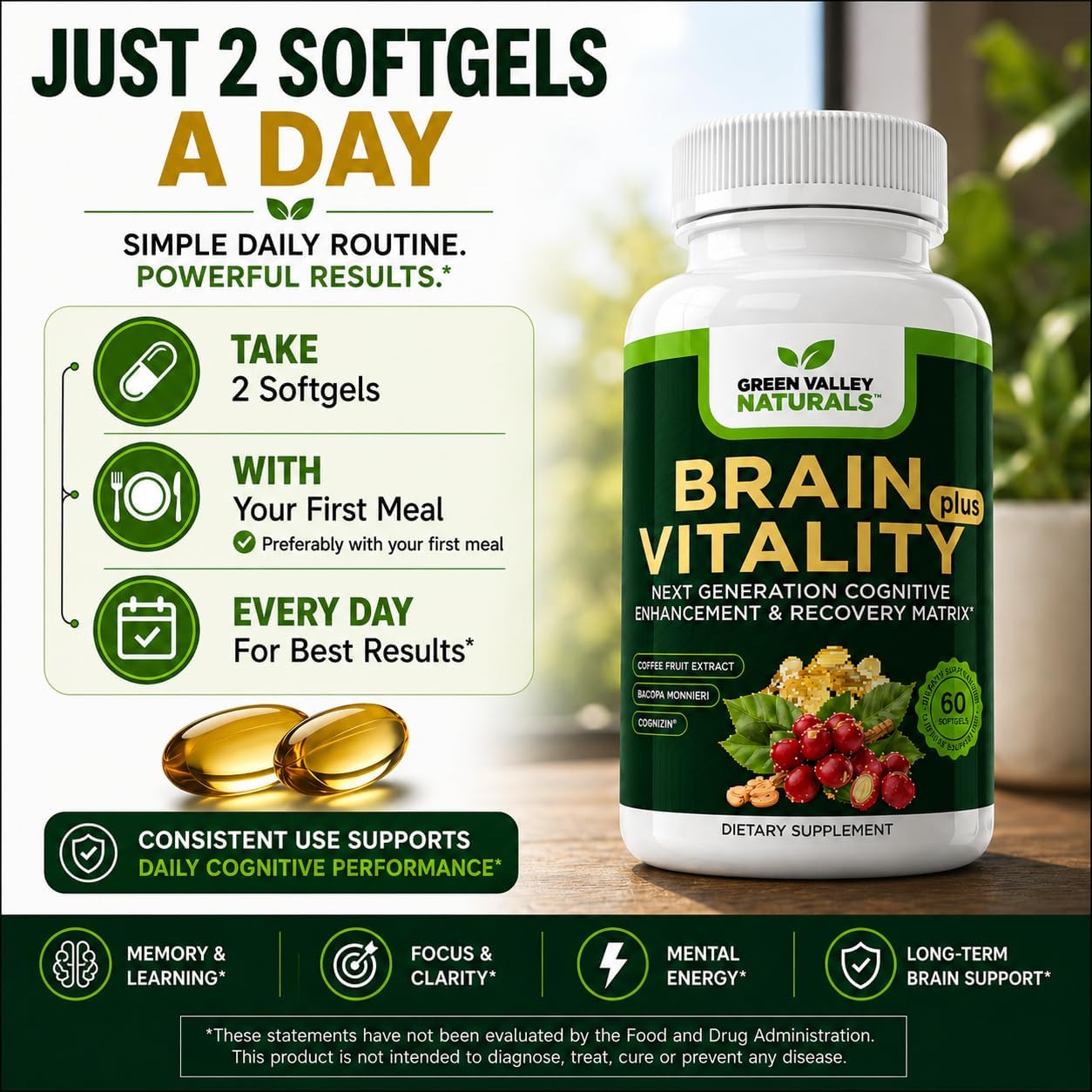 GREEN VALLEY NATURALS Brain Vitality Plus™ – Apoyo Cognitivo para Memoria, Concentración y Claridad Mental con Cognizin® Citicolina, Bacopa Monnieri y DHA Omega-3 | 60 Cápsulas Blandas