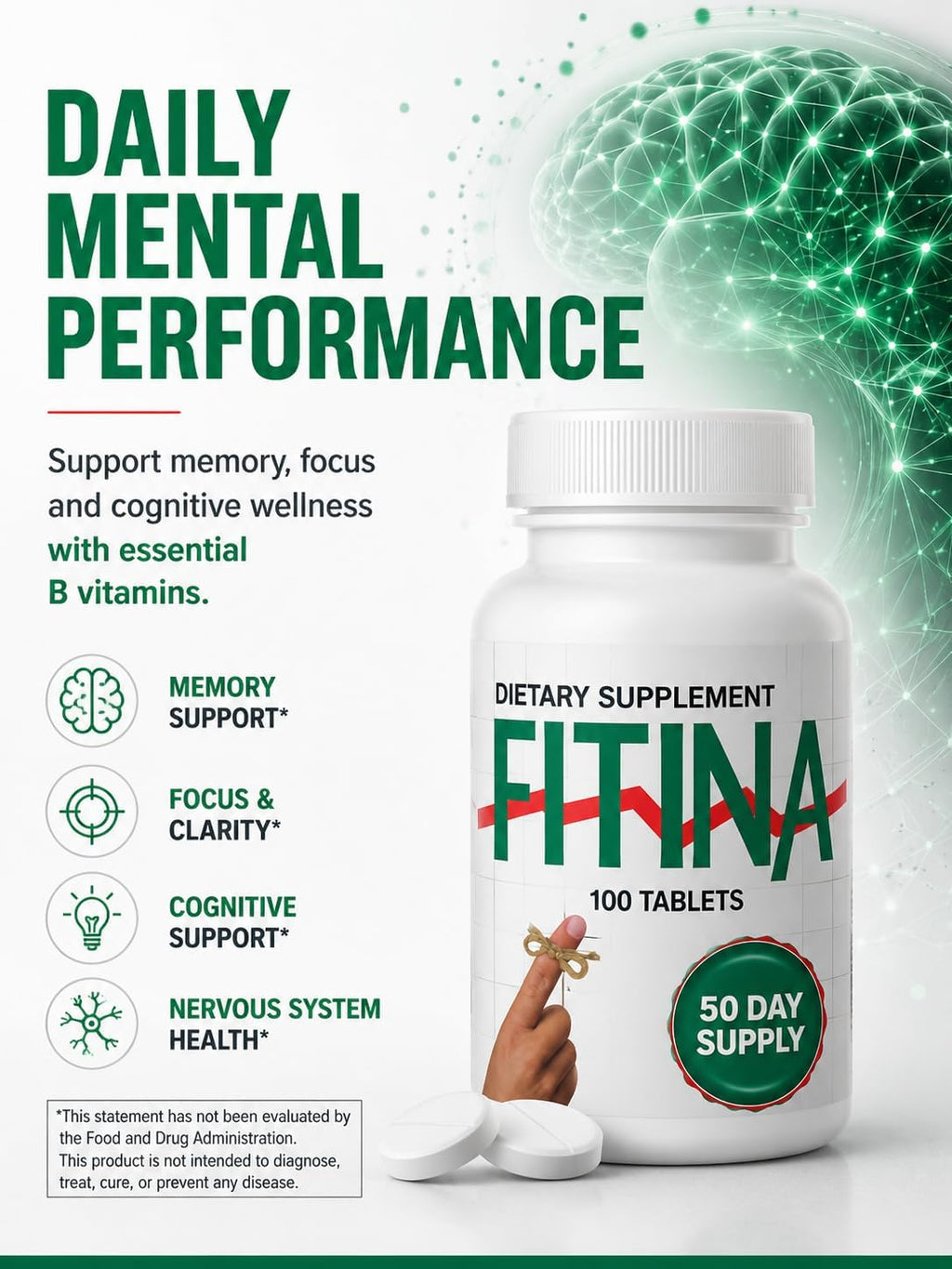 Fitina Suplemento Cerebral con Vitamina B6 y Tiamina | Alta Dosis de Vitaminas B para el Sistema Nervioso, 100 Comprimidos