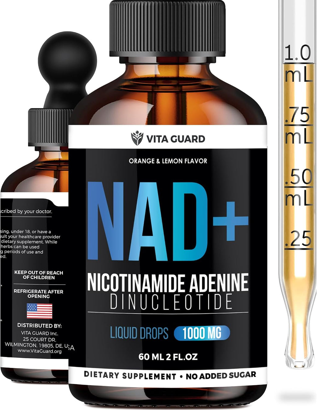 Vita Guard Pure NAD+ Líquido Gotas 1000mg - Fórmula de Nicotinamida - Vegano y No OGM - Sabor Natural a Limón y Naranja