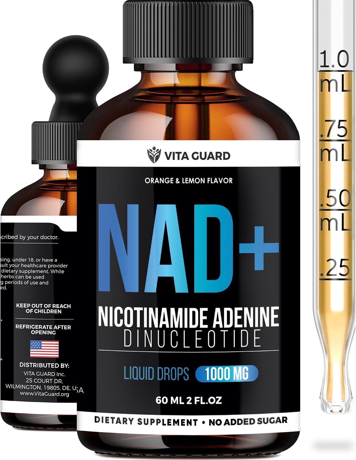 Vita Guard Pure NAD+ Líquido Gotas 1000mg - Fórmula de Nicotinamida - Vegano y No OGM - Sabor Natural a Limón y Naranja
