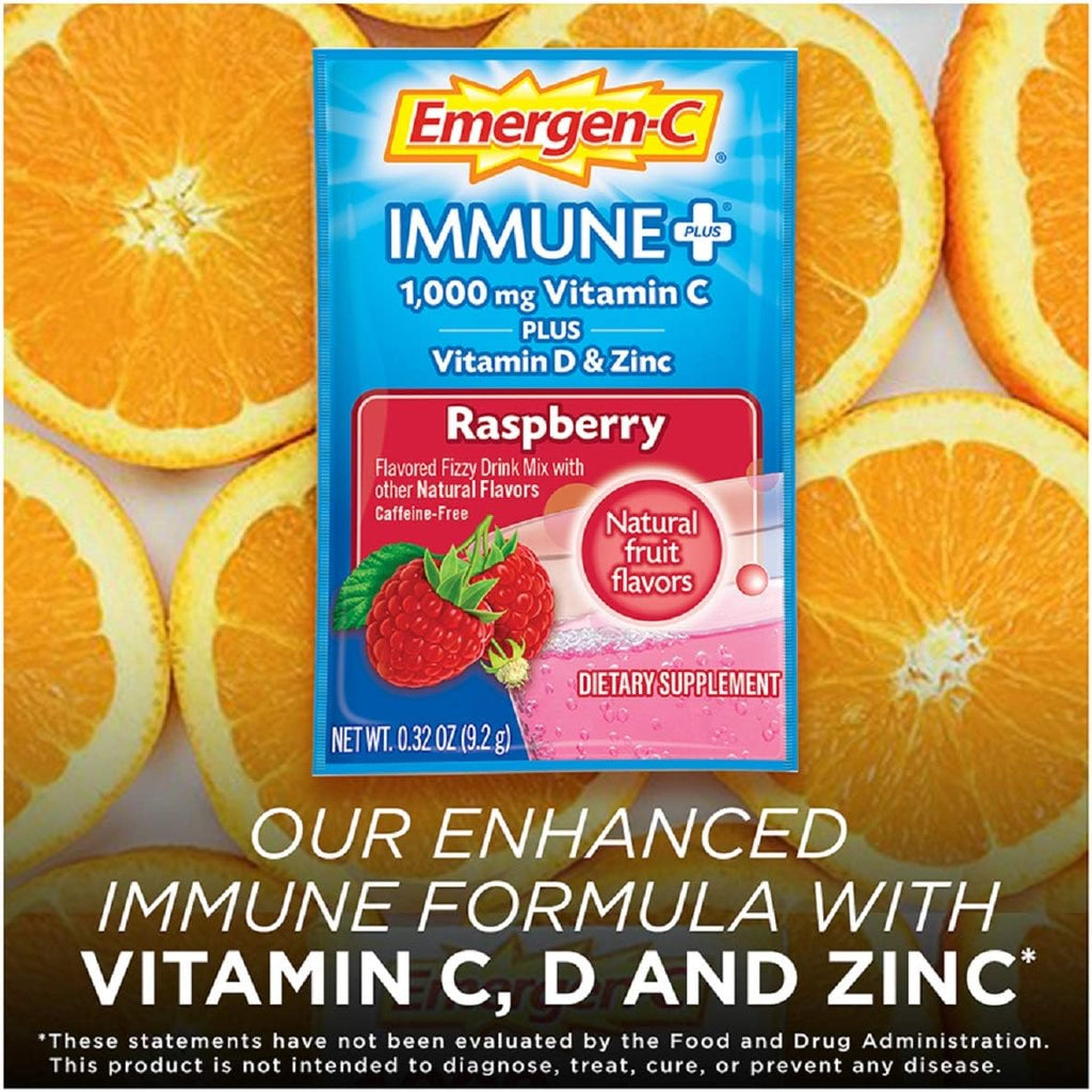 Emergen-C Immune+ Vitamina C 1000 mg, con Vitamina D, Zinc y Antioxidantes, Sabor Frambuesa - 30 Sobres
