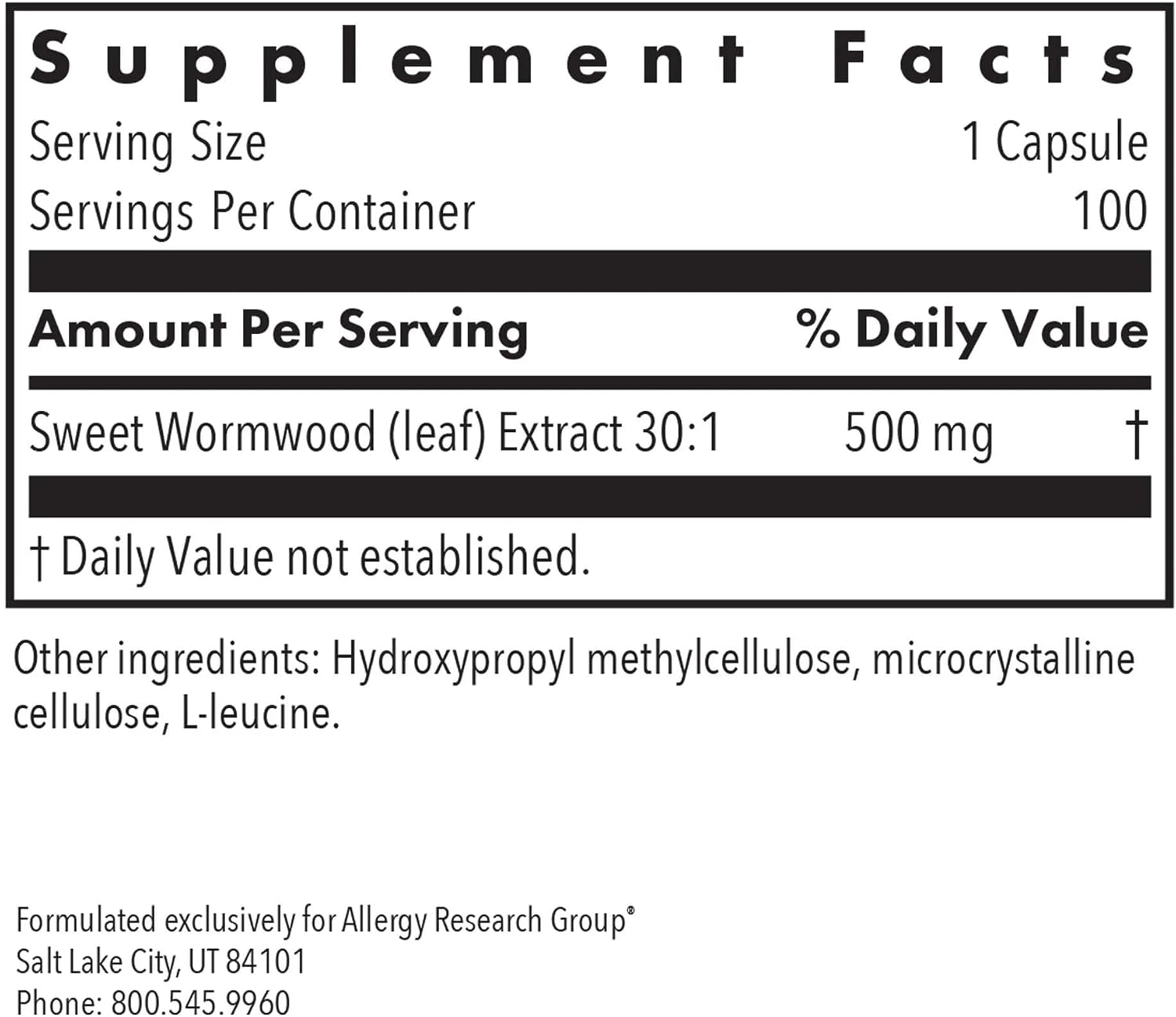 Nutricology Artemisia - Extracto de Artemisia Annua 500 mg - 100 Cápsulas