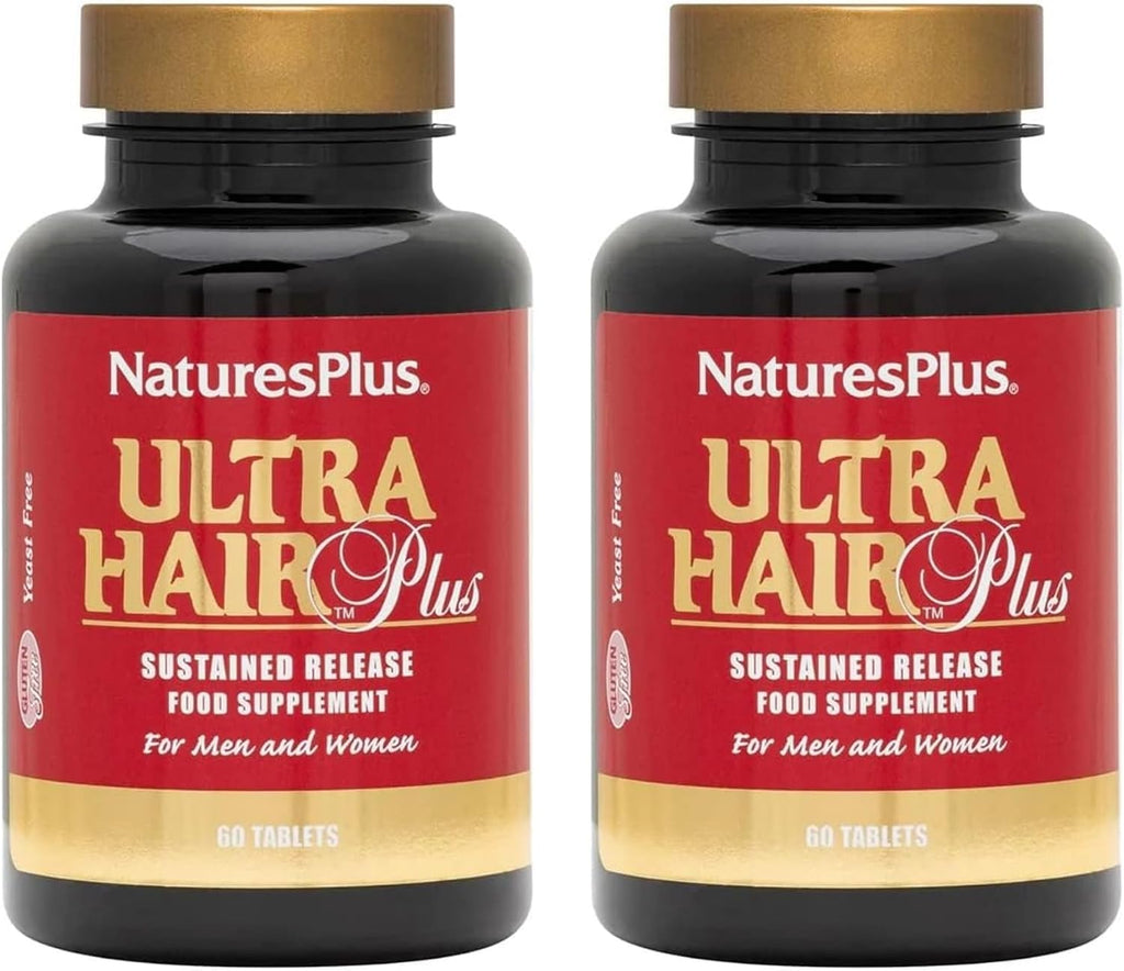 NaturesPlus Ultra Hair Plus - 60 Comprimidos, Paquete de 2 - Fórmula de Liberación Sostenida para Hombres y Mujeres - Sin Gluten