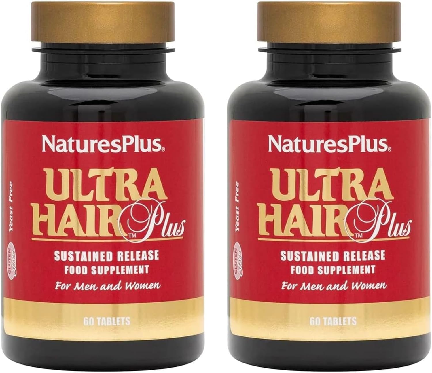 NaturesPlus Ultra Hair Plus - 60 Comprimidos, Paquete de 2 - Fórmula de Liberación Sostenida para Hombres y Mujeres - Sin Gluten