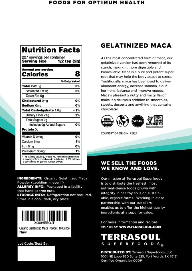 Terrasoul Superfoods Maca Orgánica Gelatinizada - 454 g (16 oz)