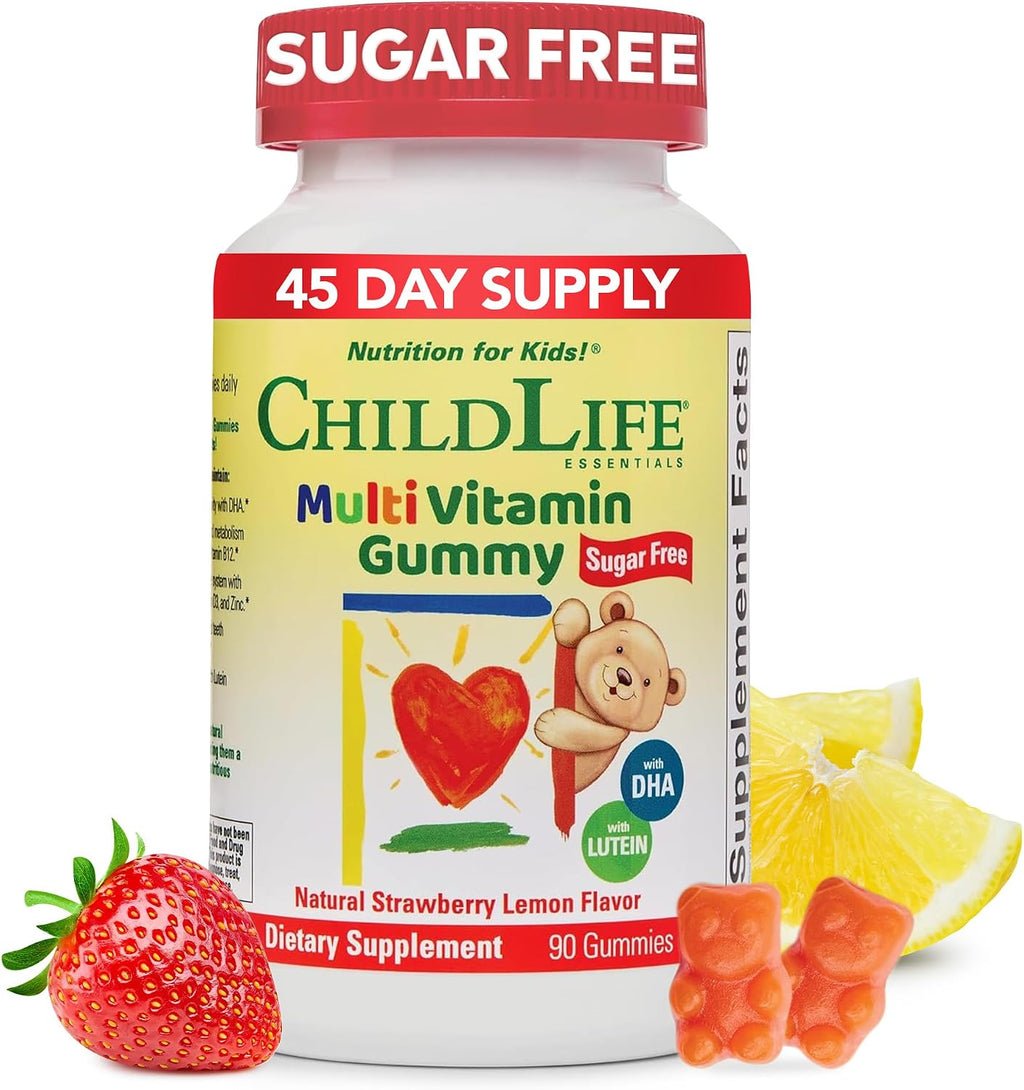 CHILDLIFE ESSENTIALS Multivitamin Gummies for Kids - Gominolas multivitamínicas para niños con DHA, sin azúcar, sabor fresa natural, 90 unidades