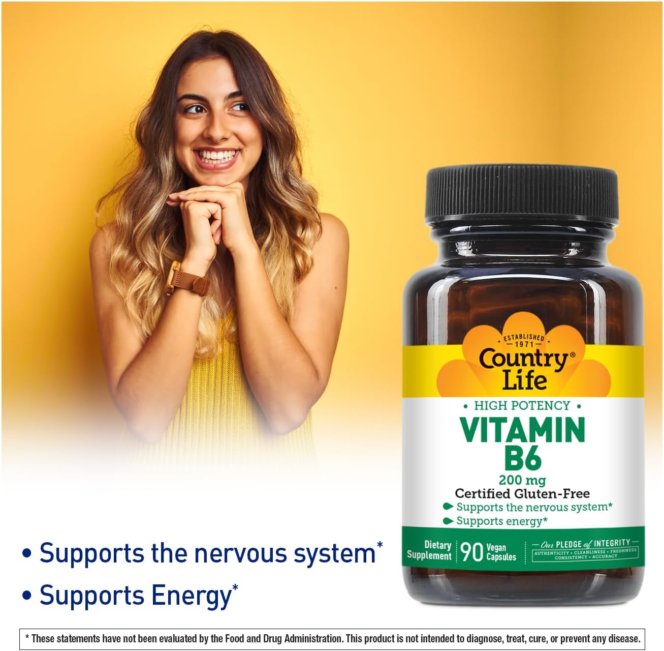 Country Life Vitamina B-6, Alta Potencia, 200 mg, 90 Cápsulas Veganas