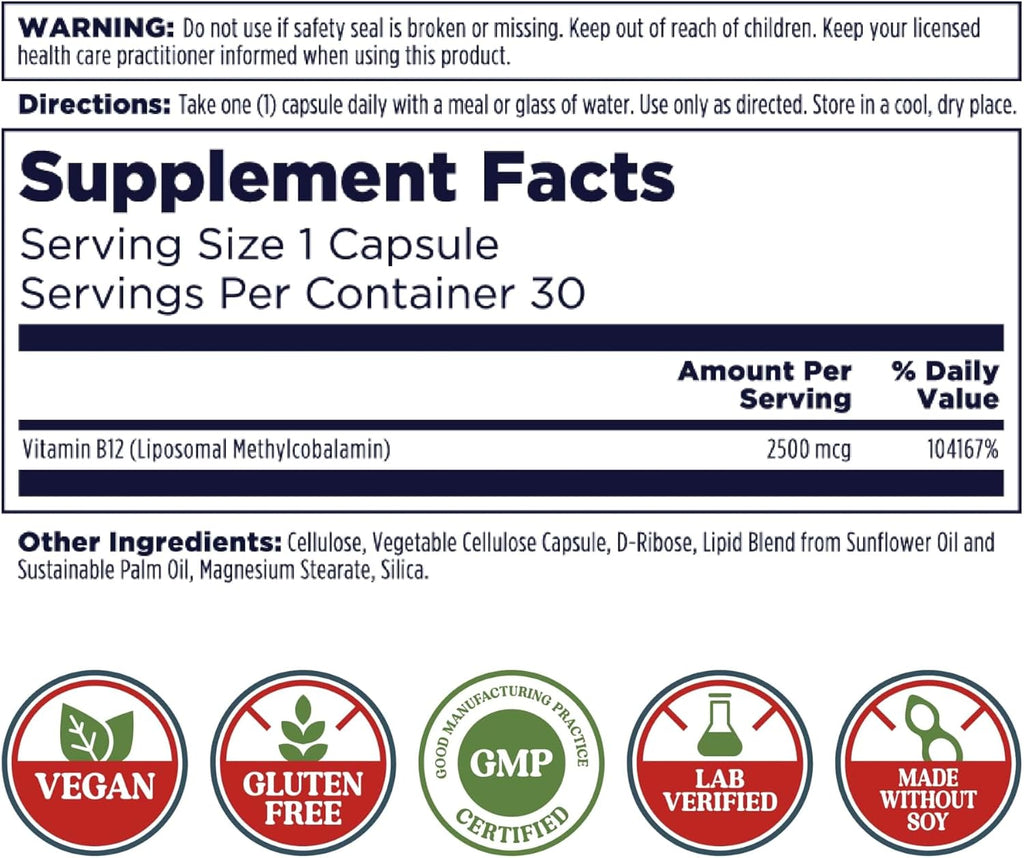KAL Liposomal Vitamina B12 2500 mcg - Alta Absorción - Tecnología Liposomal - Cápsulas Veganas - Sin Gluten - Sin Soja - 30 Dosis