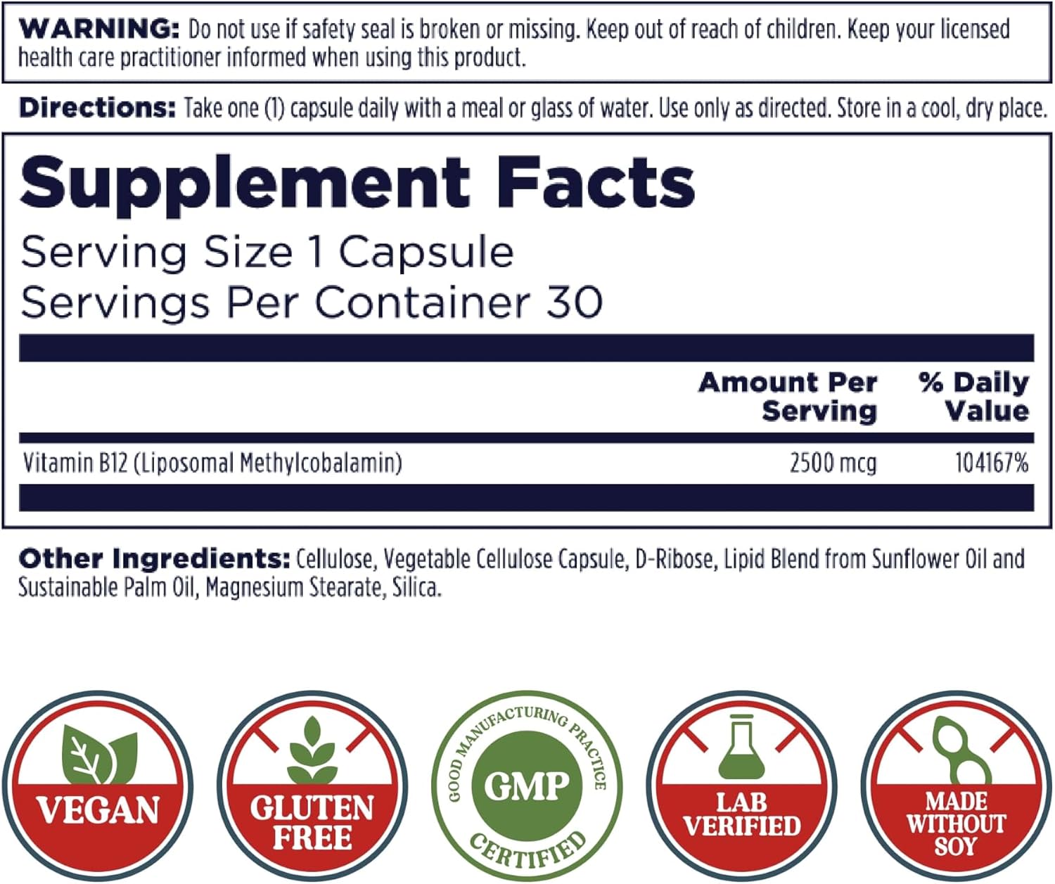 KAL Liposomal Vitamina B12 2500 mcg - Alta Absorción - Tecnología Liposomal - Cápsulas Veganas - Sin Gluten - Sin Soja - 30 Dosis