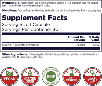 KAL Liposomal Vitamina B12 2500 mcg - Alta Absorción - Tecnología Liposomal - Cápsulas Veganas - Sin Gluten - Sin Soja - 30 – Image 3