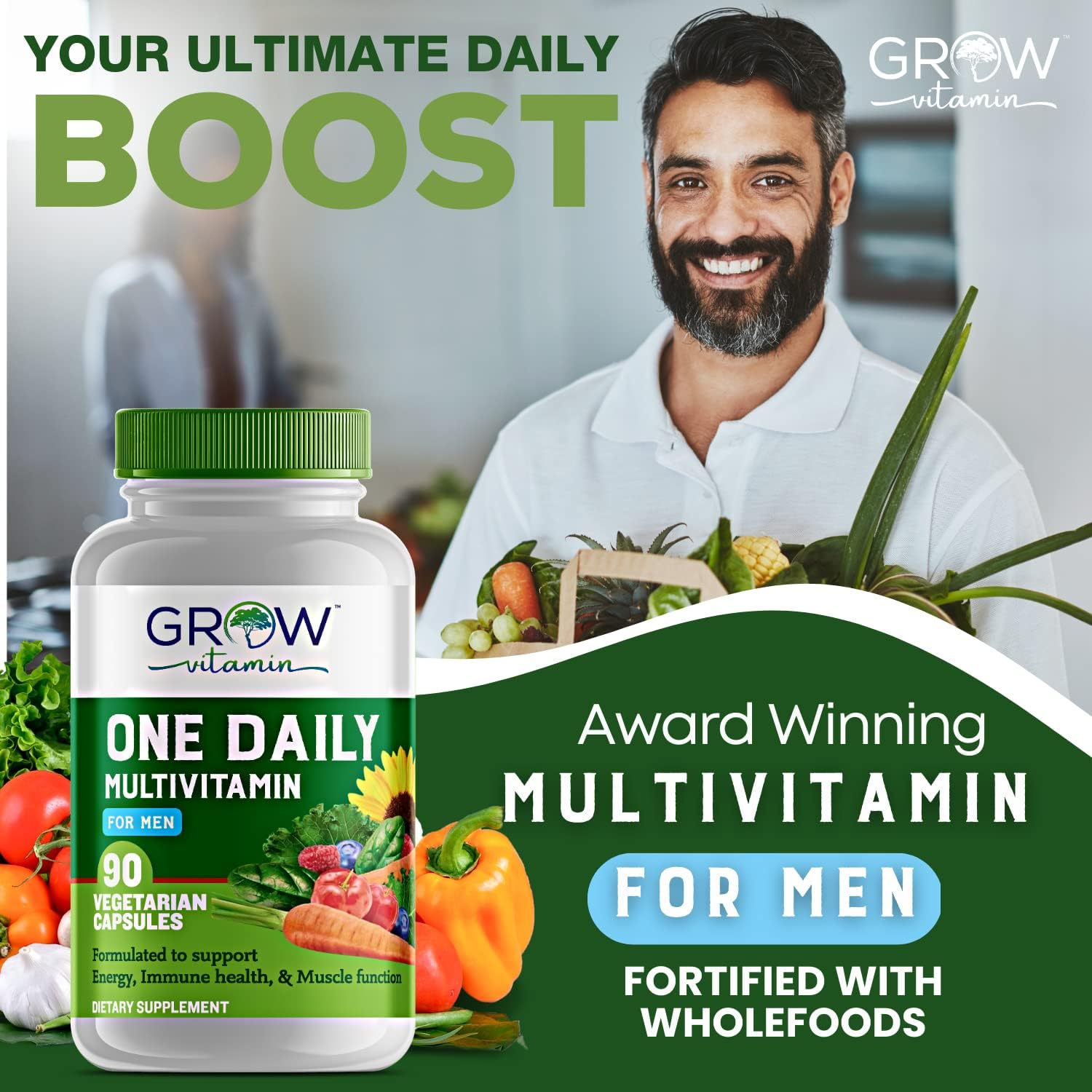Multivitamínico Diario para Hombres con Vitaminas, Minerales y Alimentos Integrales Orgánicos - 90 Cápsulas