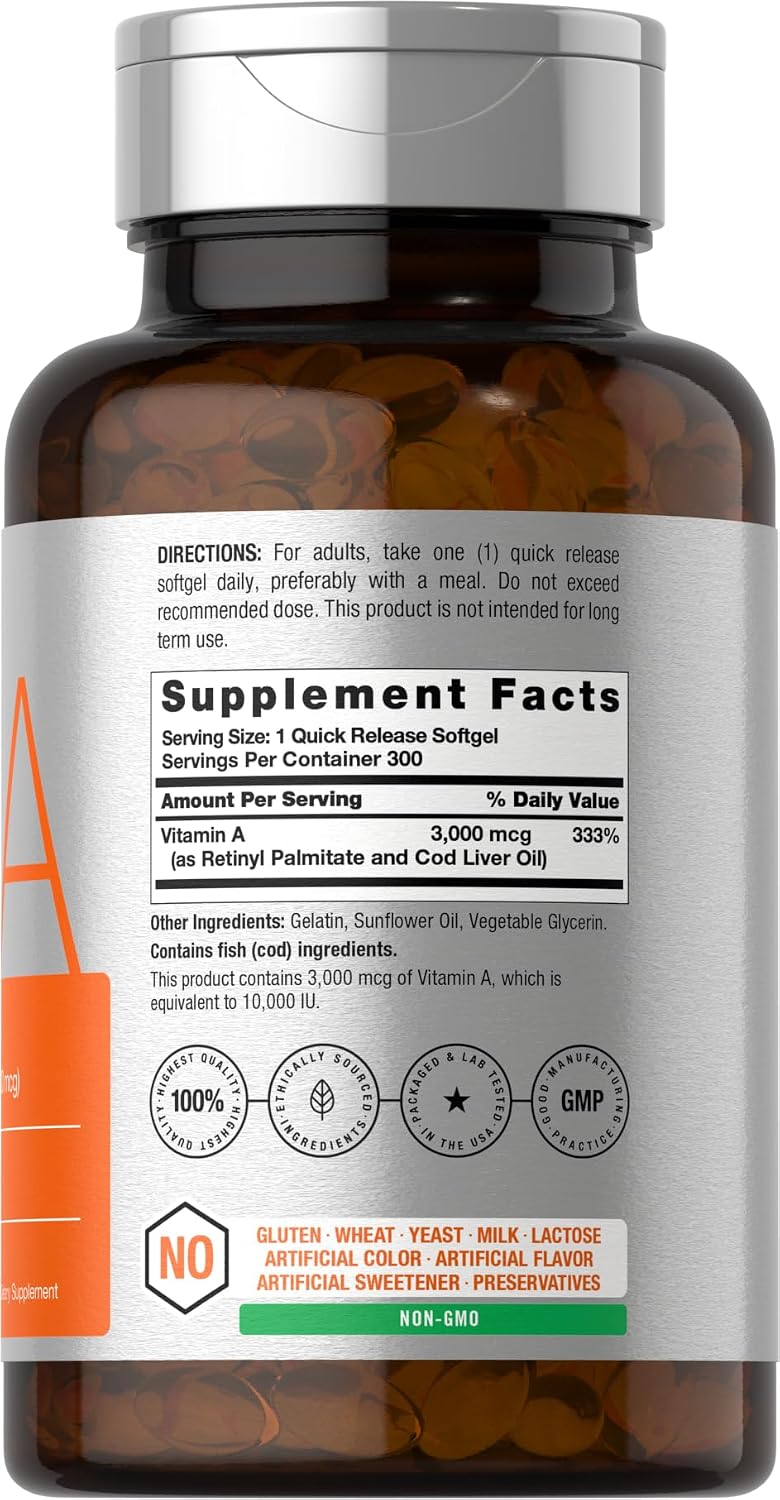 Horbäach Vitamina A 10000 UI Cápsulas Blandas | 300 Unidades | Complemento Alimenticio Sin Gluten, No-GMO